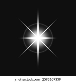 Bright star on a black background. The star radiates light, creating a glowing effect. The star's light is central, with beams extending outward. Light effect vector.