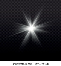 Bright star on a transparent background. White glowing star with light burst. Glare, explosion, sparkle, line, sun flare. Sparkling magic dust particle. Vector illustration, EPS 10.