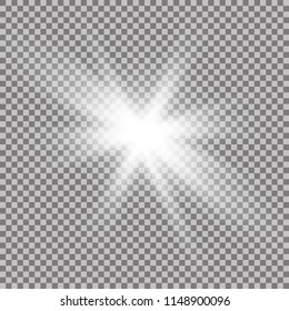 Bright Star On Transparent Background.White Glowing Light  On A Transparent Background. Vector Illustration Of Light Decoration Effect With Ray.