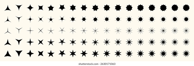 Pictogramas de estrelas brilhantes com formas de explosão mágica, brilho e brilho abstrato. Inclui linearidade, silhuetas e elementos de desenhos animados para adesivos, logotipos ou planos de fundo.