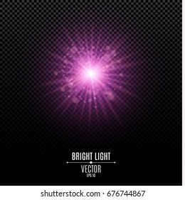 A bright star of a purple color. Purple flash of light. Abstract purple lights and rays of light. Glare bokeh. Vector illustration