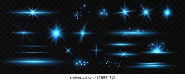 Bright Star. set of light blue effects, including glare and explosions. Transparent shining sun, bright flash. Vector sparkles. To center the bright flash. Transparent shining sun, bright flash.