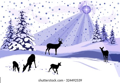 A bright star shining down on a winter landscape with snow covered evergreen trees and silhouettes of deer. 