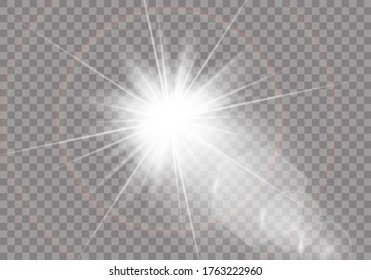 Bright Star. Shining sun, bright flash on a transparent background. White sparks glitter special light effect. Christmas abstract pattern. Sparkling magic dust particles.