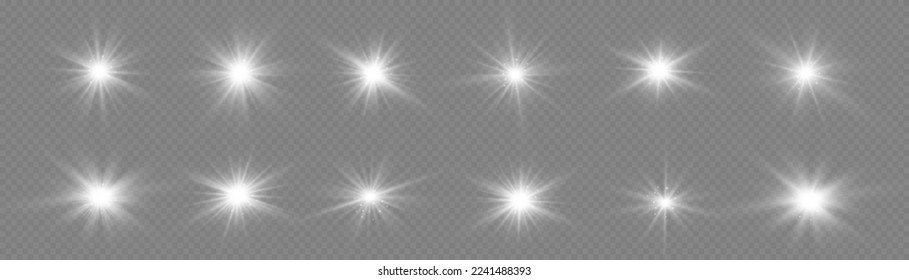 Bright star sparkle. Glow isolated white light effect set, lens flare, explosion, glitter, line, flash, spark and stars. Sun rays. Transparent shine gradient glitter, bright flare. Vector illustration