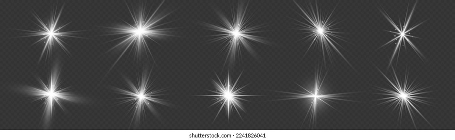 Bright star sparkle. Glow isolated white light effect set, lens flare, explosion, glitter, line, flash, spark and stars. Sun rays. Transparent shine gradient glitter, bright flare. Vector illustration