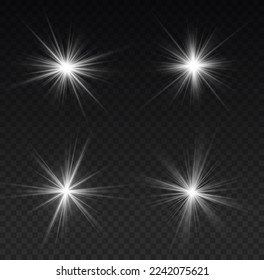 Bright star sparkle. Glow isolated white light effect set, lens flare, explosion, glitter, line, flash, spark and stars. Sun rays. Transparent shine gradient glitter, bright flare. Vector illustration