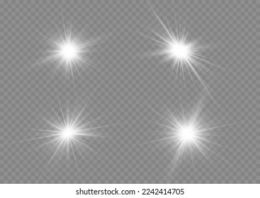 Bright star sparkle. Glow isolated white light effect set, lens flare, explosion, glitter, line, flash, spark and stars. Sun rays. Transparent shine gradient glitter, bright flare. Vector illustration