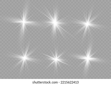 Bright star sparkle. Sun rays. Transparent shine gradient glitter, bright flare. Glow isolated white light effect set, lens flare, explosion, glitter, line, flash, spark and stars. Vector illustration