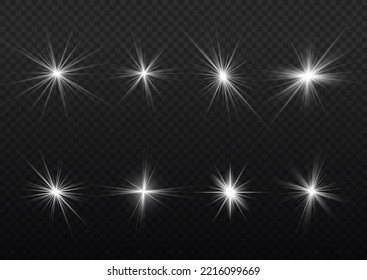 Bright star sparkle. Sun rays. Transparent shine gradient glitter, bright flare. Glow isolated white light effect set, lens flare, explosion, glitter, line, flash, spark and stars. Vector illustration
