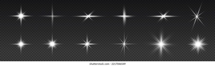 Bright star sparkle. Sun rays. Transparent shine gradient glitter, bright flare. Glow isolated white light effect set, lens flare, explosion, glitter, line, flash, spark and stars. Vector illustration