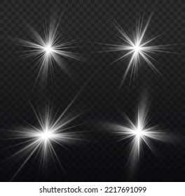 Bright star sparkle. Sun rays. Transparent shine gradient glitter, bright flare. Glow isolated white light effect set, lens flare, explosion, glitter, line, flash, spark and stars. Vector illustration
