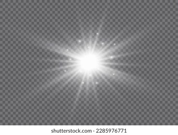 Brillante estrella brillante. Rayos solares. Deslumbrador transparente de gradiente de brillo, brillo brillante. Juego de efecto luminoso blanco aislado brillante, lente inflamada, explosión, brillo, línea, flash, chispa y estrellas. Ilustración del vector