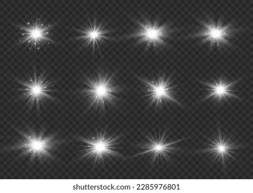 Bright star sparkle. Sun rays. Transparent shine gradient glitter, bright flare. Glow isolated white light effect set, lens flare, explosion, glitter, line, flash, spark and stars. Vector illustration