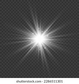 Heller Sternfunkel. Sonnenstrahlen. Transparenter glänzender Farbverlauf-Glitter, heller Fackel. Lichtisolierter weißer Lichteffekt Set, Objektivfackel, Explosion, Glitter, Linie, Blitz, Funken und Sterne. Vektorgrafik