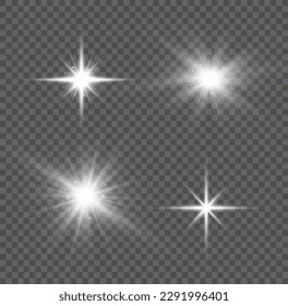 Bright star sparkle. Sun rays. Transparent shine gradient glitter, bright flare. Glow isolated white light effect set, lens flare, explosion, glitter, line, flash, spark and stars. Vector illustration