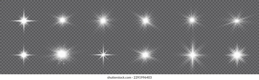 Bright star sparkle. Sun rays. Transparent shine gradient glitter, bright flare. Glow isolated white light effect set, lens flare, explosion, glitter, line, flash, spark and stars. Vector illustration