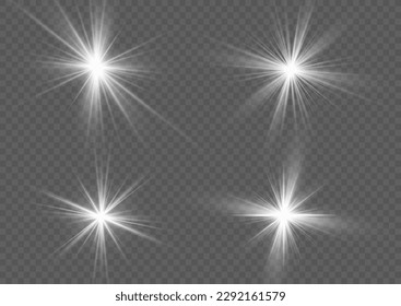 Brillante estrella brillante. Rayos solares. Deslumbrador transparente de gradiente de brillo, brillo brillante. Juego de efecto luminoso blanco aislado brillante, lente inflamada, explosión, brillo, línea, flash, chispa y estrellas. Ilustración del vector