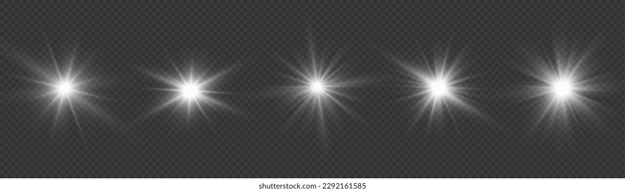 Bright star sparkle. Sun rays. Transparent shine gradient glitter, bright flare. Glow isolated white light effect set, lens flare, explosion, glitter, line, flash, spark and stars. Vector illustration