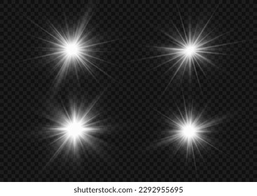 Bright star sparkle. Sun rays. Transparent shine gradient glitter, bright flare. Glow isolated white light effect set, lens flare, explosion, glitter, line, flash, spark and stars. Vector illustration