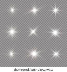 Bright Star. Sparkling magical dust particles. White glowing light explodes on a transparent background.  Transparent shining sun, bright flash