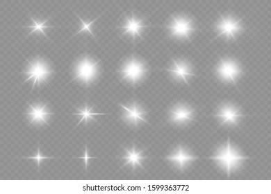 Bright Star. Sparkling magical dust particles. White glowing light explodes on a transparent background. Transparent shining sun, bright flash