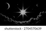 Bright star surrounded by a dark night sky, with crescent moons and stippled clouds. Cosmic space vector background for design.