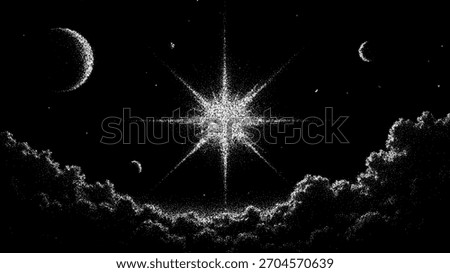 Bright star surrounded by a dark night sky, with crescent moons and stippled clouds. Cosmic space vector background for design.