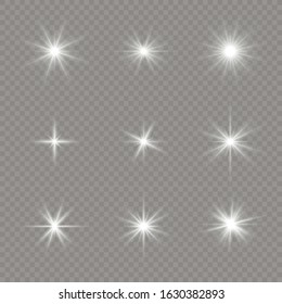 Bright Star. Transparent shining sun, bright flash. White glowing light explodes on a transparent background. Sparkling magical dust particles. Vector illustration. EPS 10.