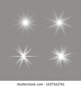 Bright Star. Transparent shining sun, bright flash. White glowing light explodes on a transparent background. Sparkling magical dust particles. Vector illustration. EPS 10.
