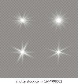 Bright Star. Transparent shining sun, bright flash. White glowing light explodes on a transparent background. Sparkling magical dust particles. Vector illustration. EPS 10.