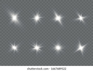 Bright Star. Transparent shining sun, bright flash. White glowing light explodes on a transparent background. Sparkling magical dust particles. Vector illustration. EPS 10.