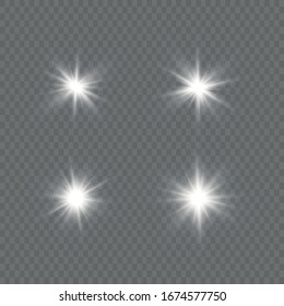  Heller Stern. Transparente strahlende Sonne, heller Blitz.Weißes Licht explodiert auf transparentem Hintergrund.funkelnde magische Staubpartikel. Vektorillustration. EPS10.