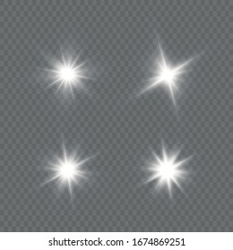  Estrella brillante. Sol claro y brillante.La luz blanca brillante estalla sobre un fondo transparente. Partículas mágicas de polvo espumoso. Ilustración vectorial. EPS 10.