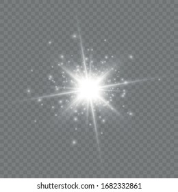  Heller Stern. Transparente strahlende Sonne, heller Blitz.Weißes Licht explodiert auf transparentem Hintergrund.funkelnde magische Staubpartikel. Vektorillustration. EPS10.