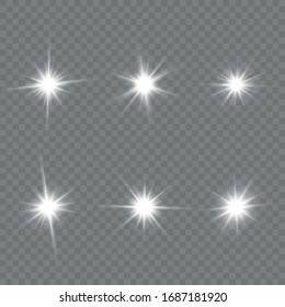 Bright Star. Transparent shining sun, bright flash. White glowing light explodes on a transparent background. Sparkling magical dust particles. Vector illustration. EPS 10.