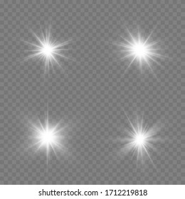 Bright Star. Transparent shining sun, bright flash. White glowing light explodes on a transparent background. Sparkling magical dust particles. Vector illustration. EPS 10.
