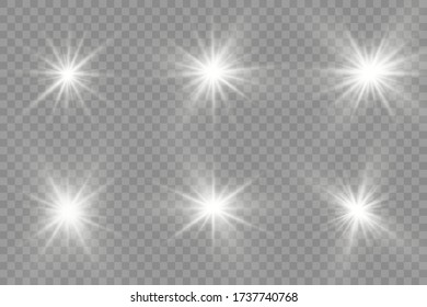 Bright Star. Transparent shining sun, bright flash. White glowing light explodes on a transparent background. Sparkling magical dust particles. Vector illustration. EPS 10.