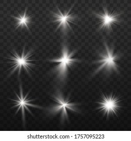 Bright Star. Transparent shining sun, bright flash. White glowing light explodes on a transparent background. Sparkling magical dust particles. Vector illustration. EPS 10.