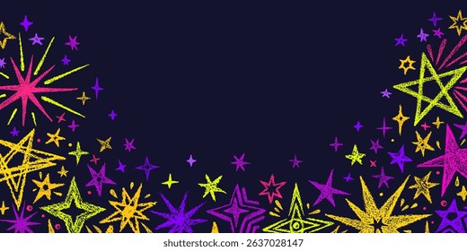 Bright star. Vector magic fireworks, confetti. Vector illustration, border crayon shapes, pencil, chalk art frame. Grunge texture on black background. Sky template, children flyer