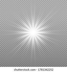 Bright Star. White glowing light explodes on a transparent background. Transparent shining sun, bright flash. Sparkling magical dust particles. Vector sparkles. To center a bright flash.