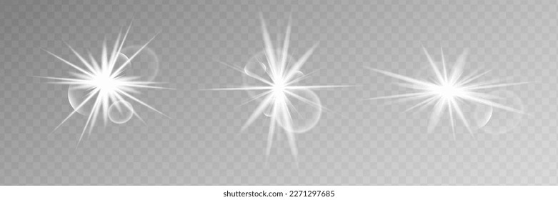Bright Star. White glowing light explodes on a transparent background. Sparkling magical dust particles.Transparent shining sun. Vector illustration eps 10.