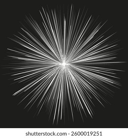 Bright starburst effect. Radiating light rays. White explosion shape. Abstract energy burst.