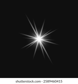 Bright starburst light effect on a dark background. Radiating starburst with glowing light. Starburst creates a striking visual effect with light rays. Light effect vector.