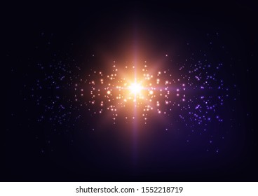 Bright starburst light, star explosion, Galaxy lights on starry sky night dark purple background. Modern design vector illustration.