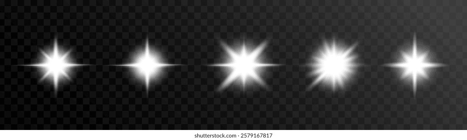 Bright starburst lights on a transparent background. Starburst effects create a glowing, radiant look. Perfect for designs needing starburst light effects. Light effect vector set.