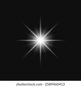 Bright starburst on black background. Starburst radiates light, creating a glowing effect. Starburst pattern is symmetrical, emphasizing brightness and glow. Light effect vector.