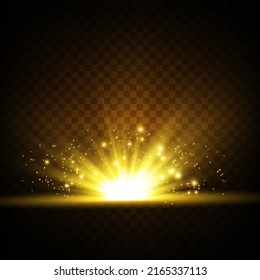 Bright starburst with small particles on a transparent black background. Golden star flash. Vector illustration.

