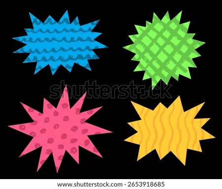 Bright starburst speech bubbles with hand-drawn textures on black background. Vector illustration.