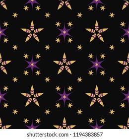 Bright Starry Tracery Seamless Vector Pattern. Drawn Textured Stars llustration for Winter Fashion Prints, Christmas Packaging, Magical Paper Goods, Nordic Wrap or Stationery. Purple Gold Yellow Black